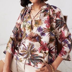 CHUFY La Dolce Vita Leone Silk Print Blouse Top Tie Neck Porto Print